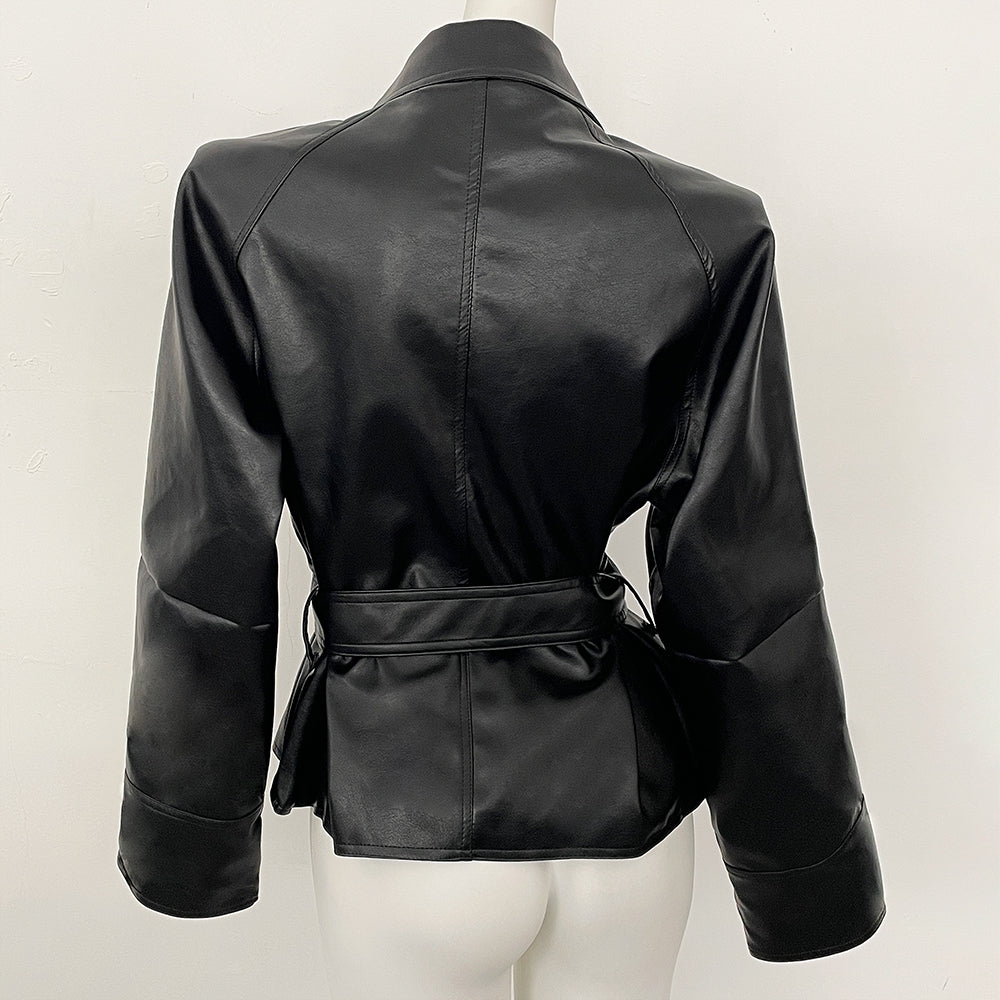 OFTBUY New Women's Lapel Collar Button Faux Leather Jacket Belted Waist Tailored Fit Detail Elegant Fashion Outerwear Female