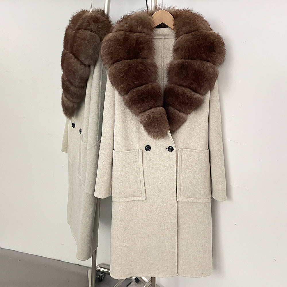 OFTBUY Double Breasted Pockets Long Luxury Warm Winter Outerwear New Women's Double-Faced Wool Coat with Real Fox Fur Collar