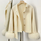 OFTBUY Winter New Style Bowcroppedsleeve Opening Real Fox Fur Cuffs Wool Coat Double-sided Woolen Goods Overcoat Jacket Women