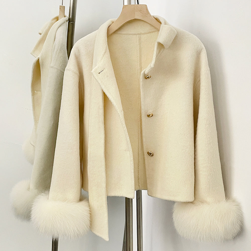 OFTBUY Winter New Style Bowcroppedsleeve Opening Real Fox Fur Cuffs Wool Coat Double-sided Woolen Goods Overcoat Jacket Women