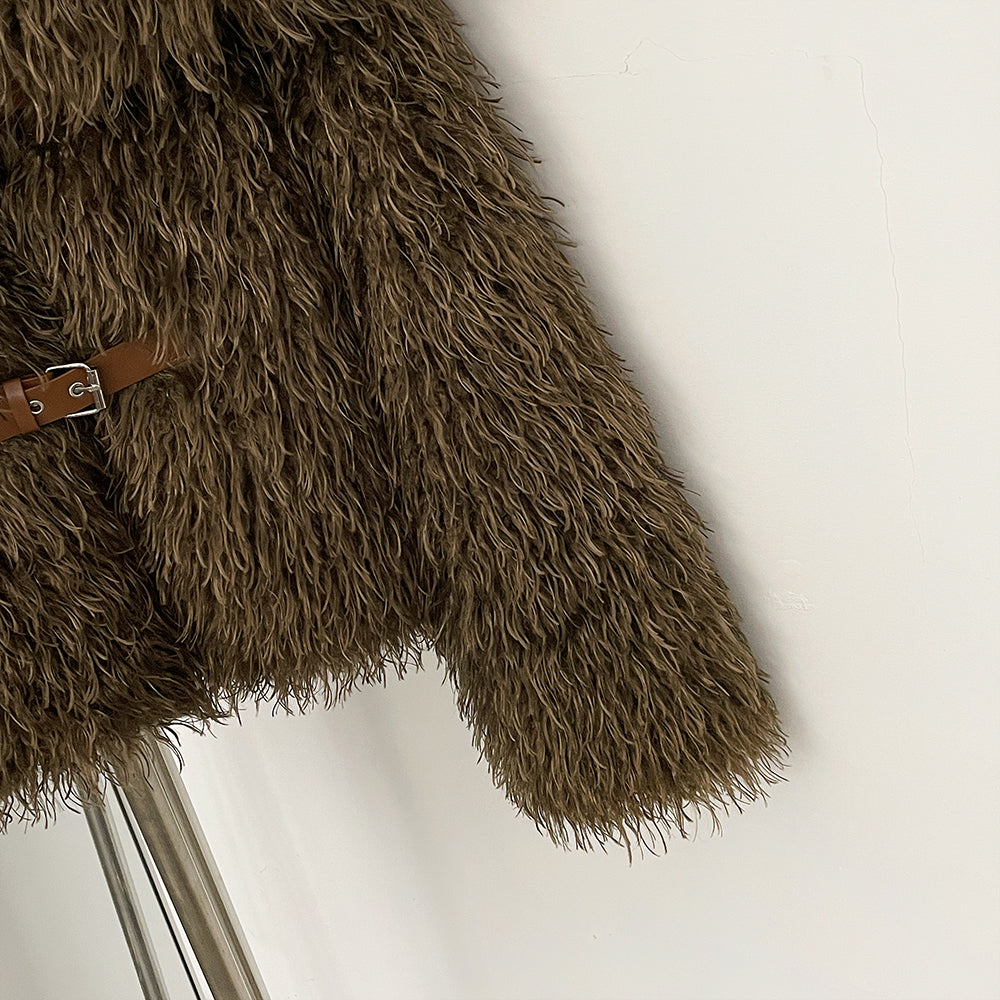 OFTBUY Luxury Oversized Collar Faux Mongolian Sheep Fur Cropped Jacket - Belted Buckle Vegan Curly Fur Coat