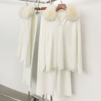 OFTBUY Knitted Pant Set Female Fashion Warm Real Fox Fur Sweater Lady New Autumn Winter Plus Size Woman Clothes Outfits Knitwear