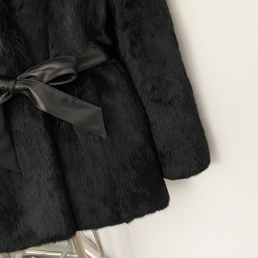 OFTBUY Women's Luxury Black Real Rabbit Fur Hooded Coat with Belt New Warm Winter Fur Jacket Female Outerwear for Cold Weather