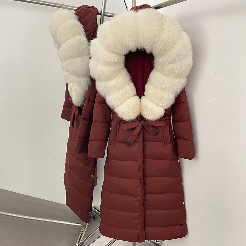 OFTBUY Hooded Winter White Duck Down Coat Large Real Fox Fur Collar X-Long Puffer Jacket Women Thick Female Parkas With Belt