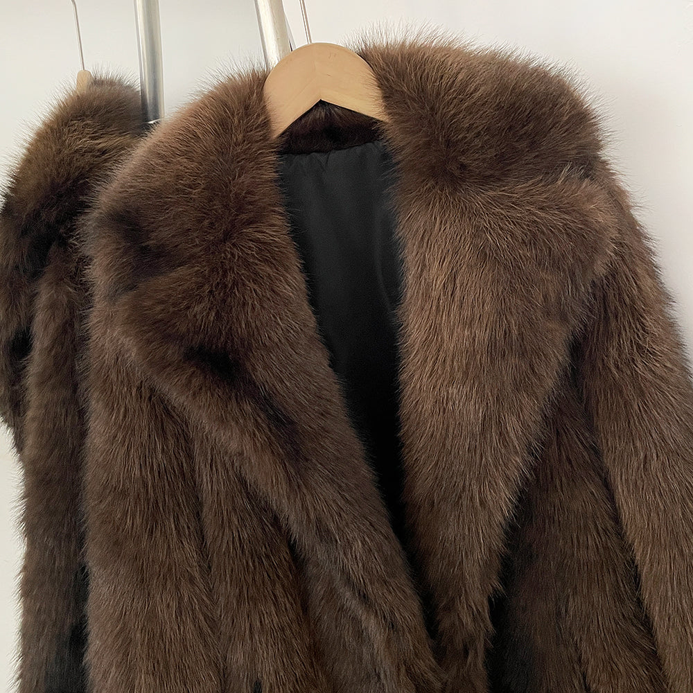 OFTBUY Luxury Long-Line Notch Lapel Faux Fur Coat - Elegant Winter Vegan Fur Overcoat