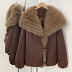 Chocolate brown warm duck down puffer coat with plush natural fox fur trim