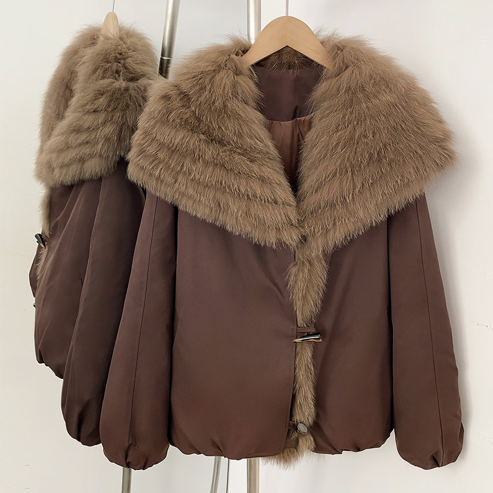 Chocolate brown warm duck down puffer coat with plush natural fox fur trim