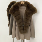OFTBUY Fashion Belt Warm Sweater Female Natural Fur Loose Cadigan Coat Women Medium Length Knit Jacket with Real Fox Fur Collar