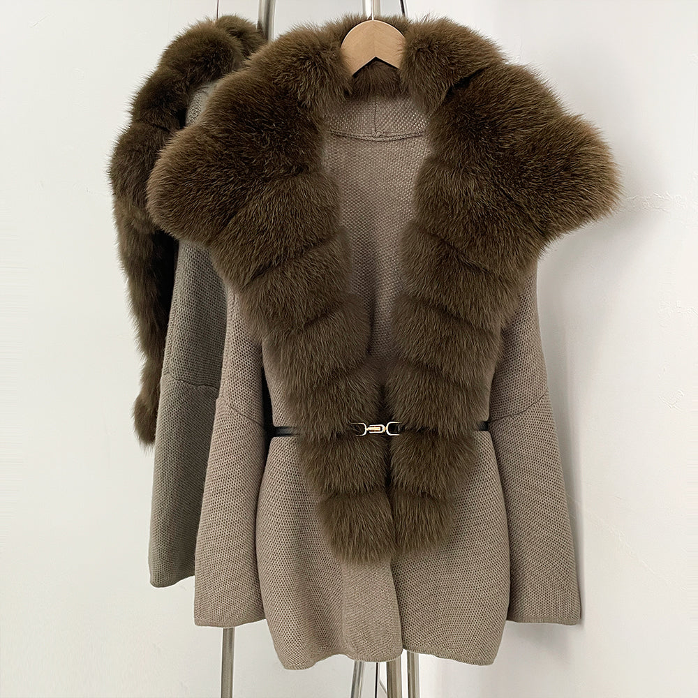 OFTBUY Fashion Belt Warm Sweater Female Natural Fur Loose Cadigan Coat Women Medium Length Knit Jacket with Real Fox Fur Collar