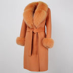 OFTBUY Winter Jacket Women Long Natural Wool Blends Cashmere Real Fur Coat Double Breasted Belt Warm Streetwear New Fashion