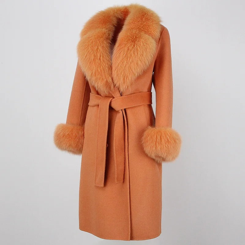 OFTBUY Winter Jacket Women Long Natural Wool Blends Cashmere Real Fur Coat Double Breasted Belt Warm Streetwear New Fashion