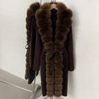 OFTBUY New Women's Knit Long Coat with Full Real Fox Fur  Belted Pockets Warm Winter Elegant Fashion Outerwear Cardigan Sweater