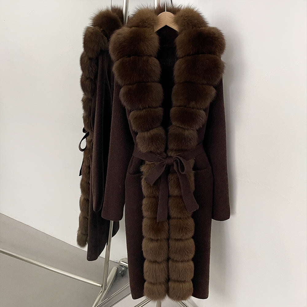 OFTBUY New Women's Knit Long Coat with Full Real Fox Fur  Belted Pockets Warm Winter Elegant Fashion Outerwear Cardigan Sweater