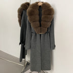 OFTBUY Warm Winter Elegant Fashion knit Outerwear female New Women's Knit Long Coat with Large Real Fox Fur Collar Belted Waist