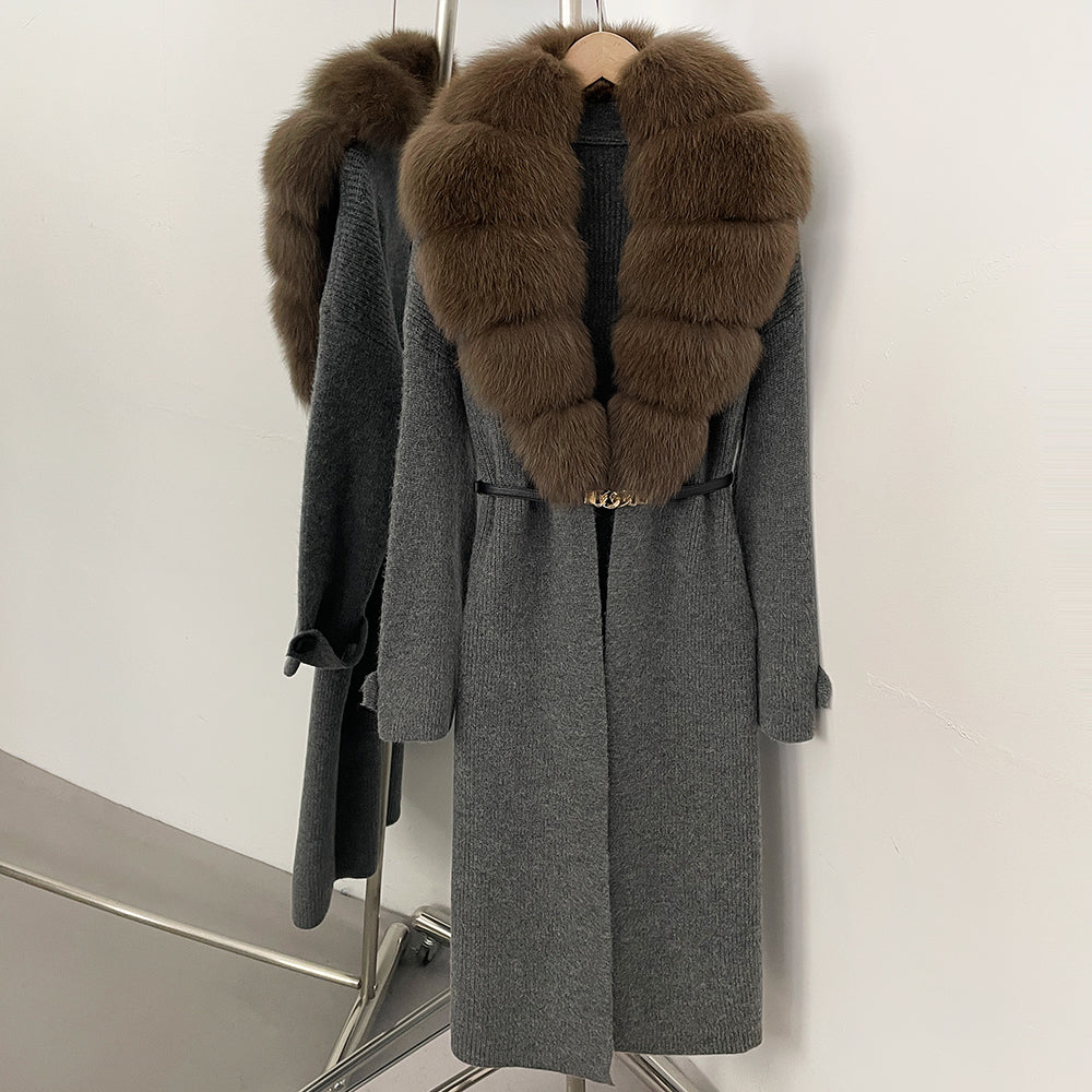 OFTBUY Warm Winter Elegant Fashion knit Outerwear female New Women's Knit Long Coat with Large Real Fox Fur Collar Belted Waist