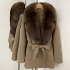 OFTBUY Belted Warm Winter Elegant Fashion Outerwear Lady New Women's Double-Faced Wool Coat with Large Real Fox Fur Collar Cuffs