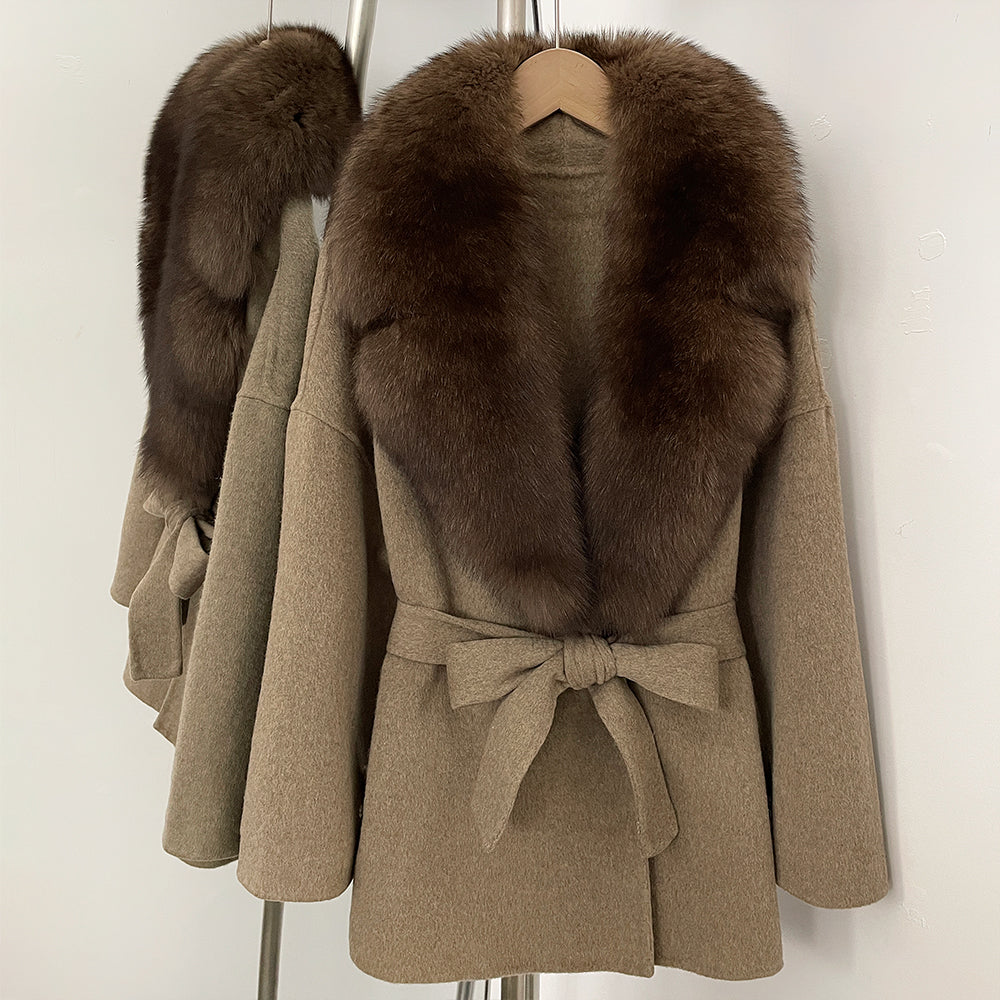 OFTBUY Belted Warm Winter Elegant Fashion Outerwear Lady New Women's Double-Faced Wool Coat with Large Real Fox Fur Collar Cuffs