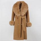 OFTBUY Winter Jacket Women Long Natural Wool Blends Cashmere Real Fur Coat Double Breasted Belt Warm Streetwear New Fashion