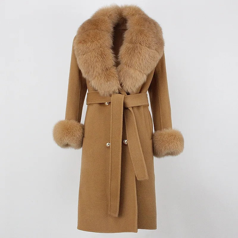 OFTBUY Winter Jacket Women Long Natural Wool Blends Cashmere Real Fur Coat Double Breasted Belt Warm Streetwear New Fashion