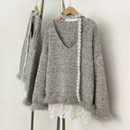 OFTBUY New Spring Autumn Top Knitted Clothes Women Loose Ribbon Knitwear Coat Real Fox Fur Lace Pullovers Sweater Jacket Female
