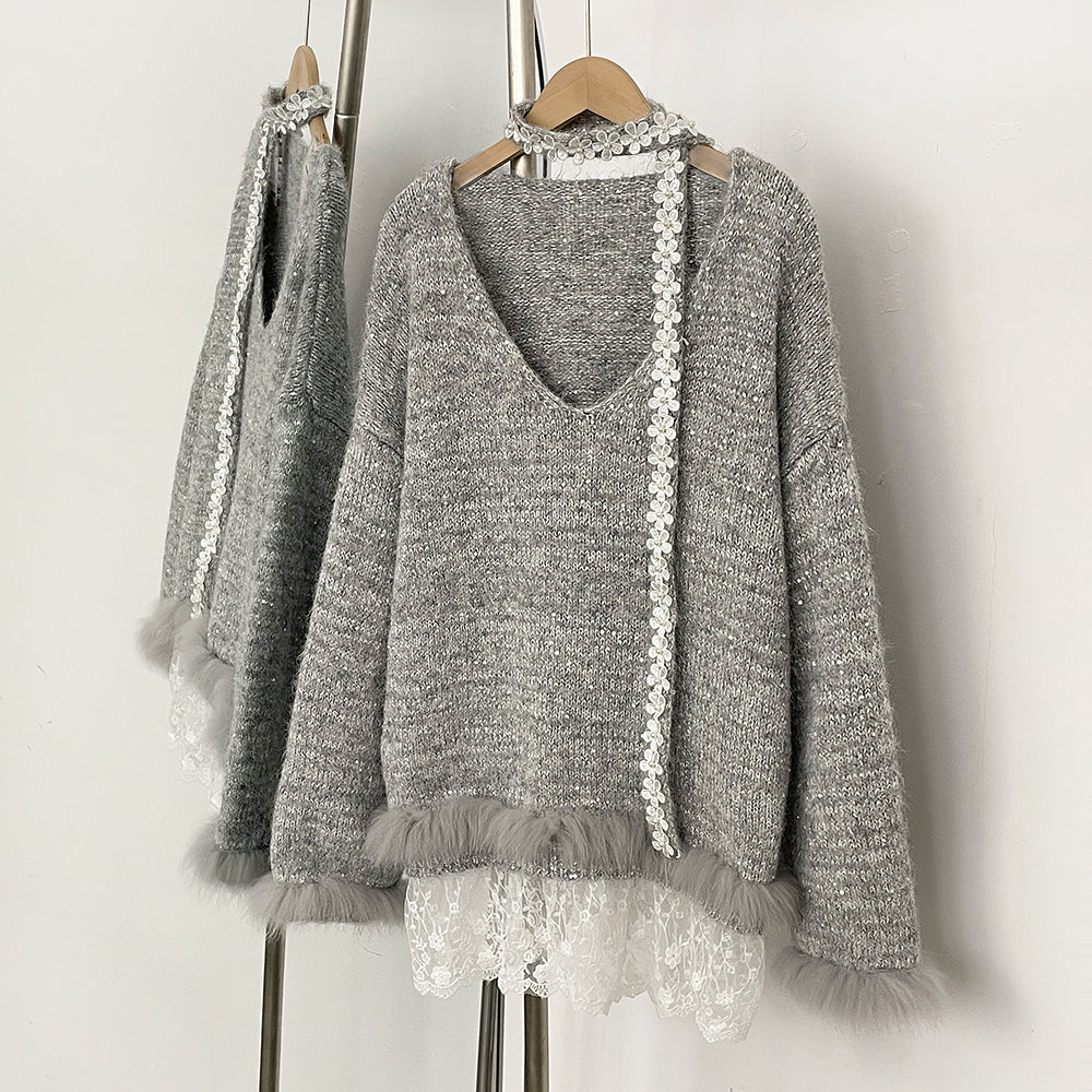 OFTBUY New Spring Autumn Top Knitted Clothes Women Loose Ribbon Knitwear Coat Real Fox Fur Lace Pullovers Sweater Jacket Female