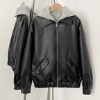 OFTBUY Detachable Hood Color Block Design New Women's Faux Leather Bomber Jacket Zipper Elastic Hem Casual Streetwear Outerwear