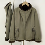 OFTBUY Reversible Real Rabbit Fur Lined Short Bomber Jacket - Oversized Wide Genuine Fox Fur Collar Windproof Outer Shell Winter Coat