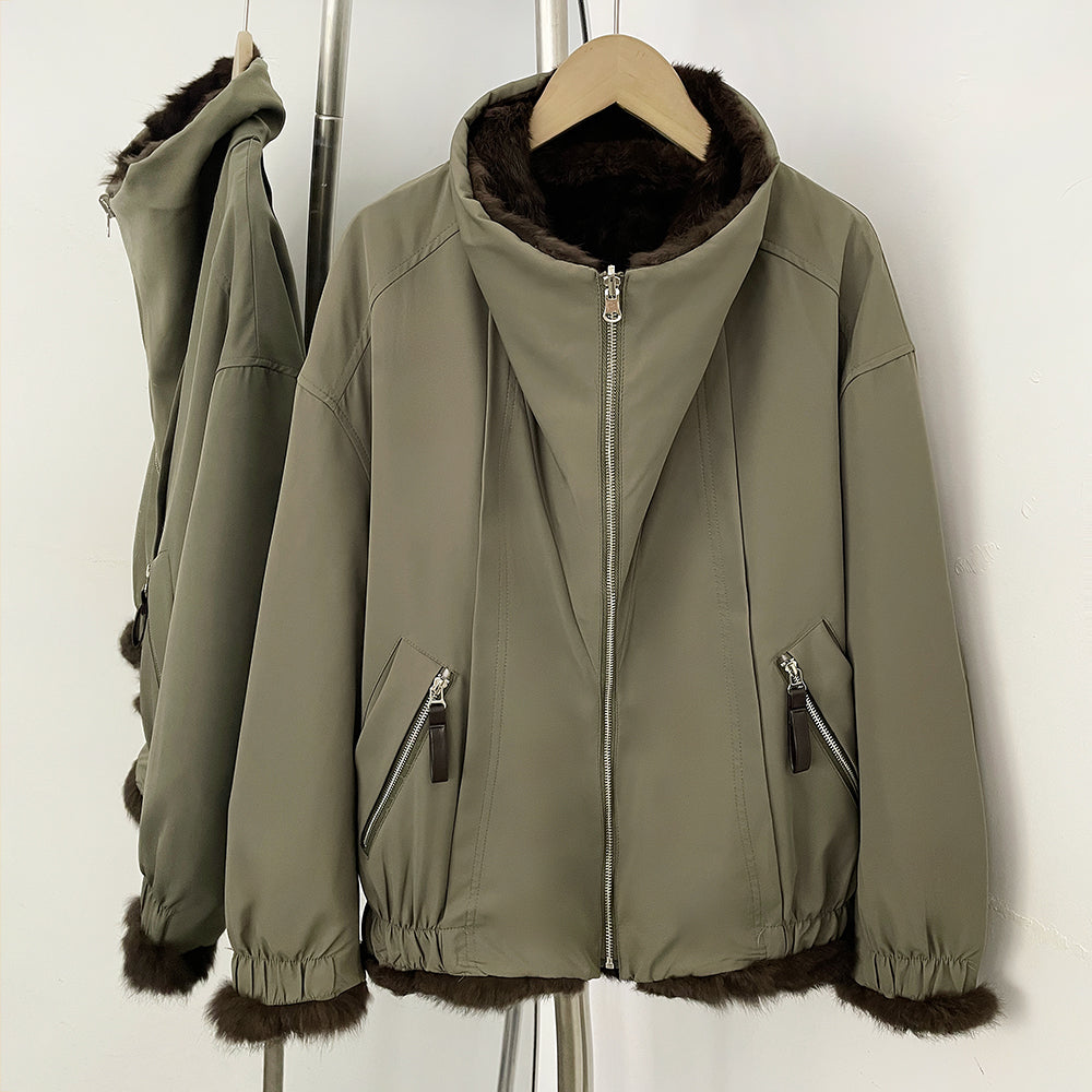 OFTBUY Reversible Real Rabbit Fur Lined Short Bomber Jacket - Oversized Wide Genuine Fox Fur Collar Windproof Outer Shell Winter Coat