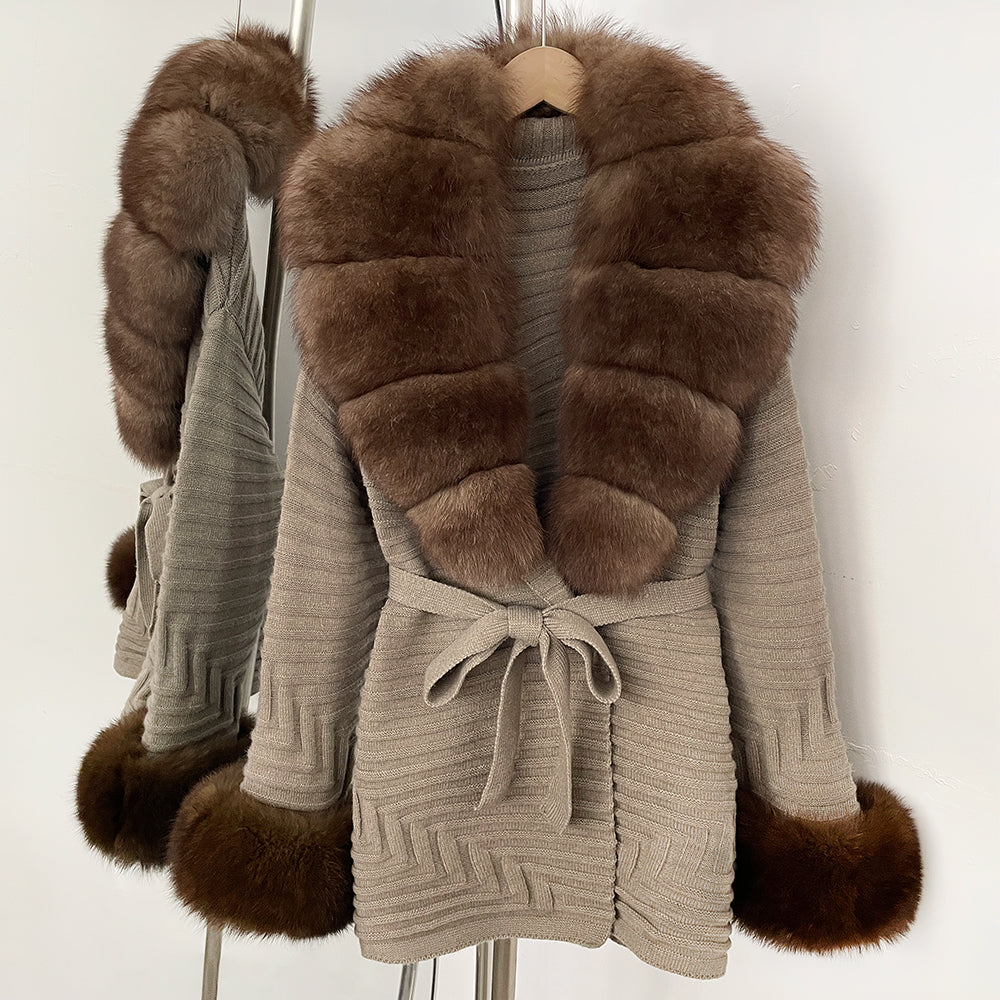 OFTBUY Belted Waist Striped Texture Pockets New Women's Knit Coat with Large Real Fox Fur Collar Winter Luxury Elegant Outerwear
