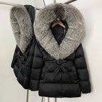 OFTBUY New Women's Duck Down Jacket with Large Real Fox Fur Hood Belted Waist Warm Winter Puffer Coat Lady Luxury Outerwear