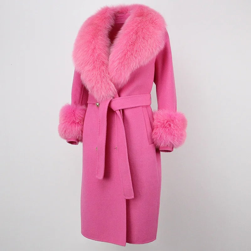 OFTBUY Winter Jacket Women Long Natural Wool Blends Cashmere Real Fur Coat Double Breasted Belt Warm Streetwear New Fashion