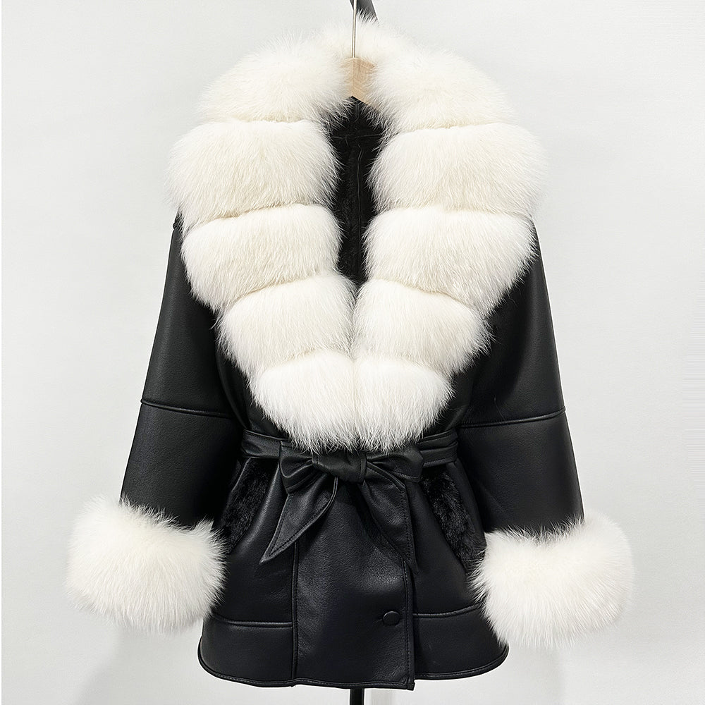 OFTBUY Large Natural Fox Fur Women Faux Leather Jacket Autumn Winter Fashion Ladies Warm Retor Faux Lamb Fur Coat Outwear