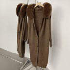 OFTBUY Hooded Long Knitted Cardigan Women Fashion New Spring Autumn Clothes Female Thick Warm Real Fox Fur Knitting Jacket Lady