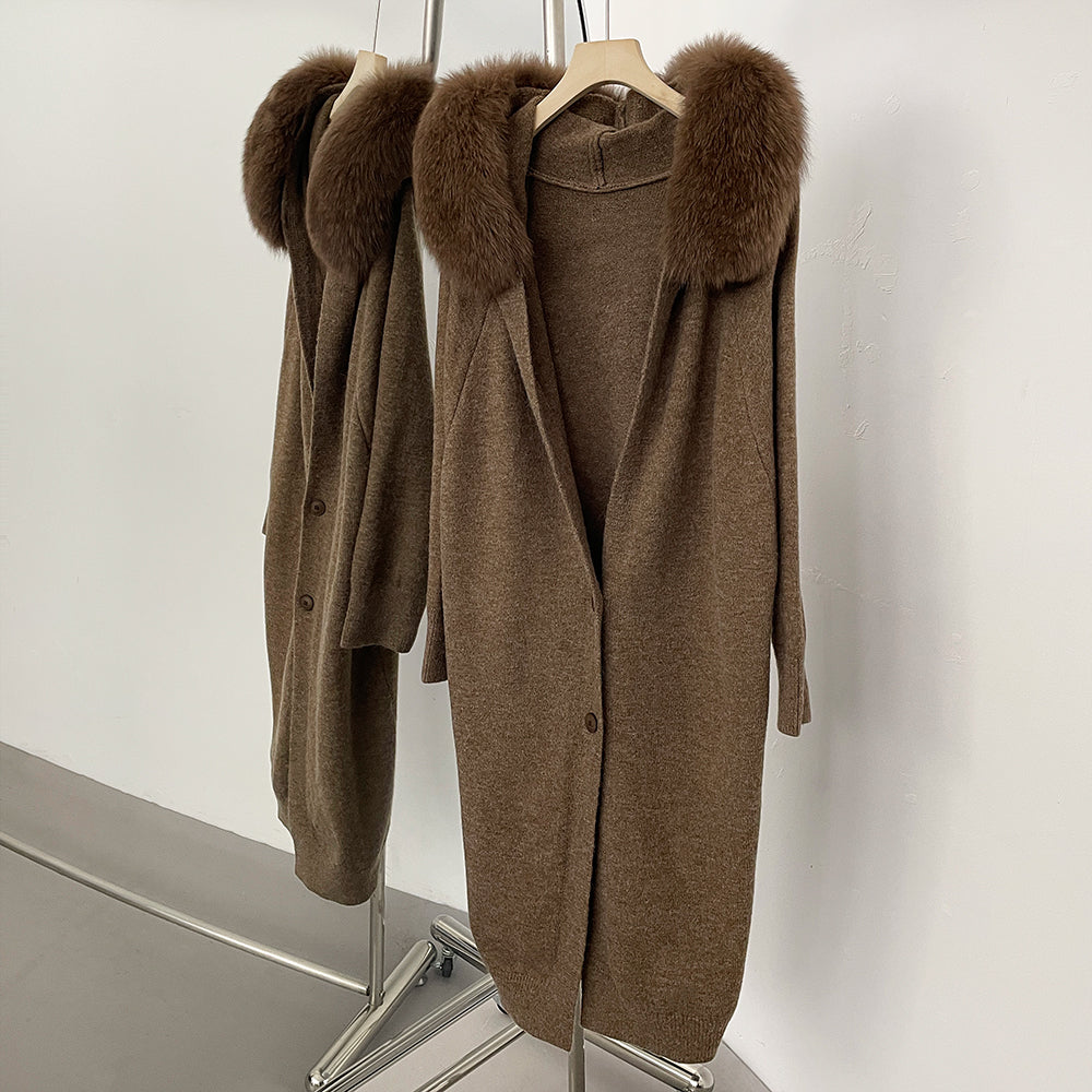 OFTBUY Hooded Long Knitted Cardigan Women Fashion New Spring Autumn Clothes Female Thick Warm Real Fox Fur Knitting Jacket Lady