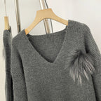 OFTBUY New Women's Knit Sweater with Real Fox Fur Accents V-Neck Loose Fit Warm Winter Fashion Warm Pullover Outerwear Jacket