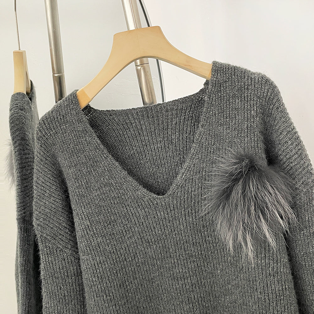 OFTBUY New Women's Knit Sweater with Real Fox Fur Accents V-Neck Loose Fit Warm Winter Fashion Warm Pullover Outerwear Jacket
