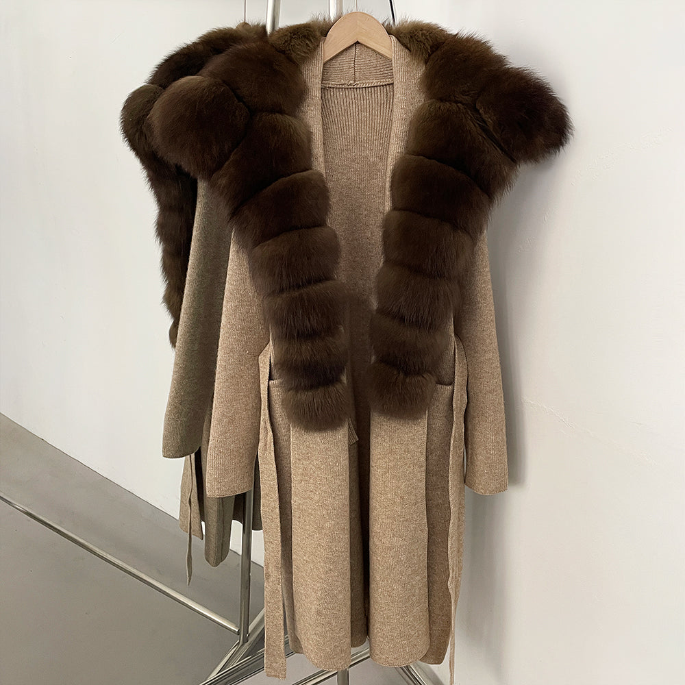 OFTBUY New Natural Fur Collar Long Knit Jacket Women Atrumn Winter Top Clothing Female Fashion Warm Belt Real Fox Fur Cardigan