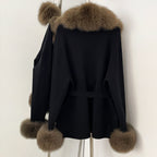 OFTBUY Belt Textured Knit Warm Winter Luxury Outerwear Female Sweater Cardigan New Women's Knit Coat with Large Real Fox Fur
