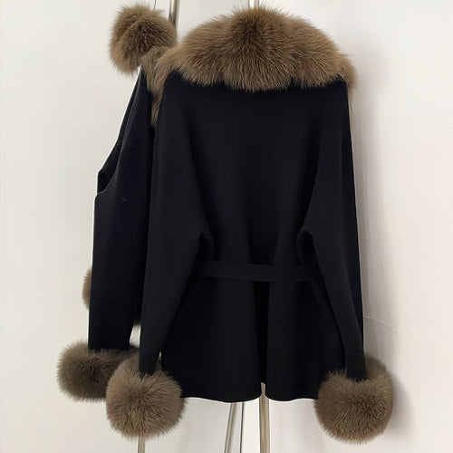 OFTBUY Belt Textured Knit Warm Winter Luxury Outerwear Female Sweater Cardigan New Women's Knit Coat with Large Real Fox Fur