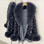 OFTBUY Women's Paisley Knit Cardigan with Real Fox Fur Trim Belted Sweater Coat Female New Luxury Clothes Winter Outerwear Lady