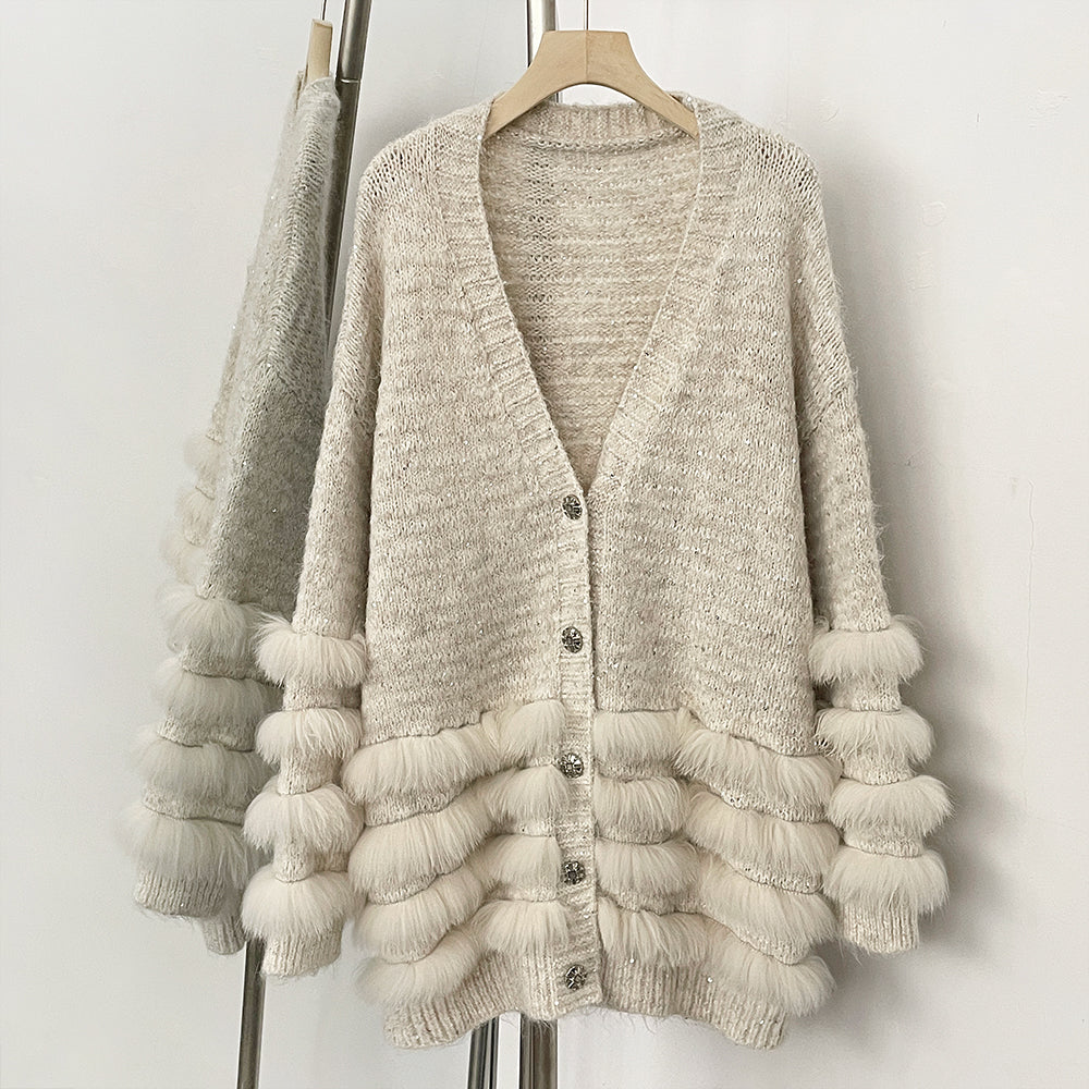 OFTBUY Loose Oversize Knitwear Coat Real Fox Fur Button Cardigan Swrater Jacket Female New Spring Autumn Knitted Clothes Women