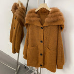 OFTBUY Sweater Femlae Button Pockets Warm Winter Luxury Outerwear New Women's Knit Cardigan with Large Real Fox Fur Collar