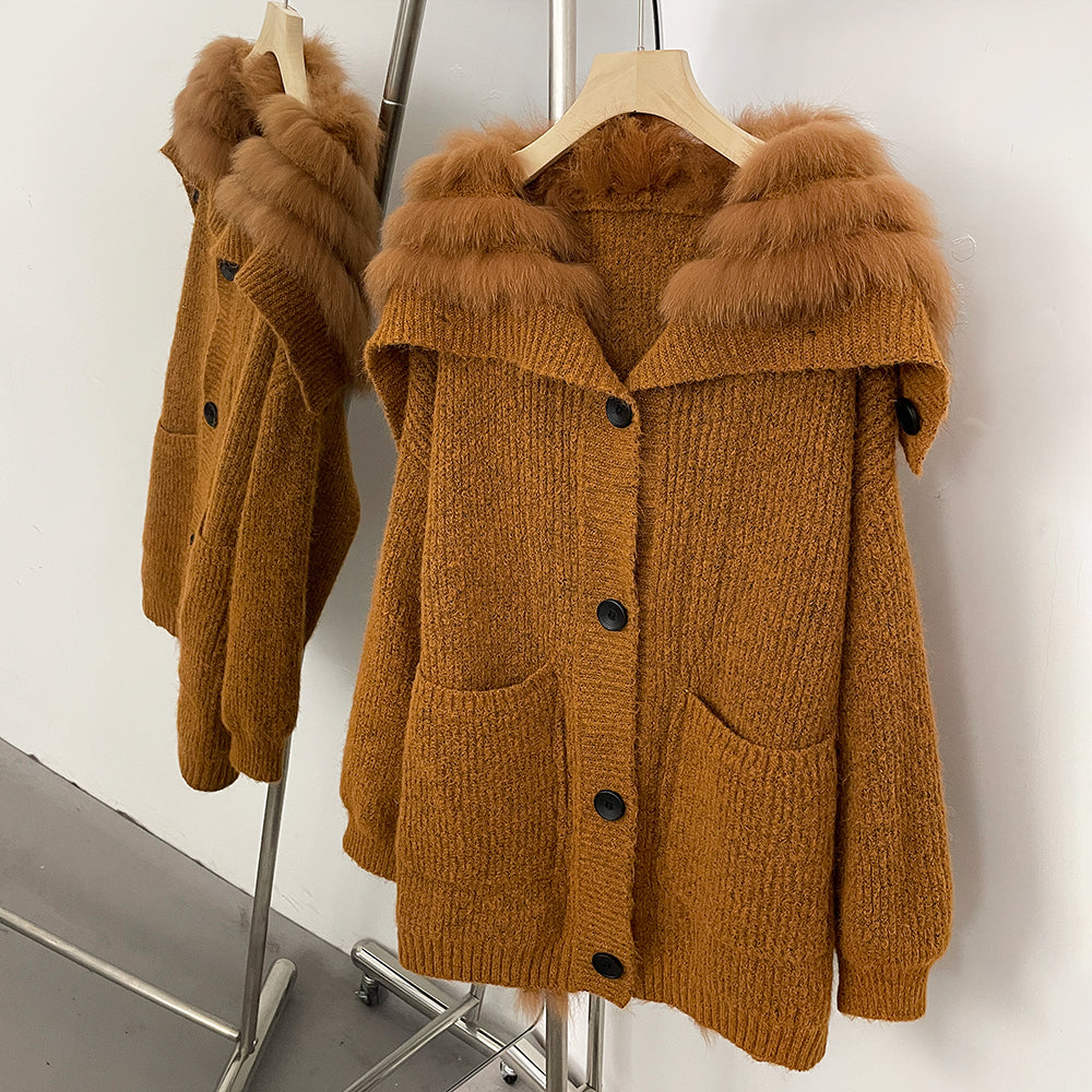 OFTBUY Sweater Femlae Button Pockets Warm Winter Luxury Outerwear New Women's Knit Cardigan with Large Real Fox Fur Collar