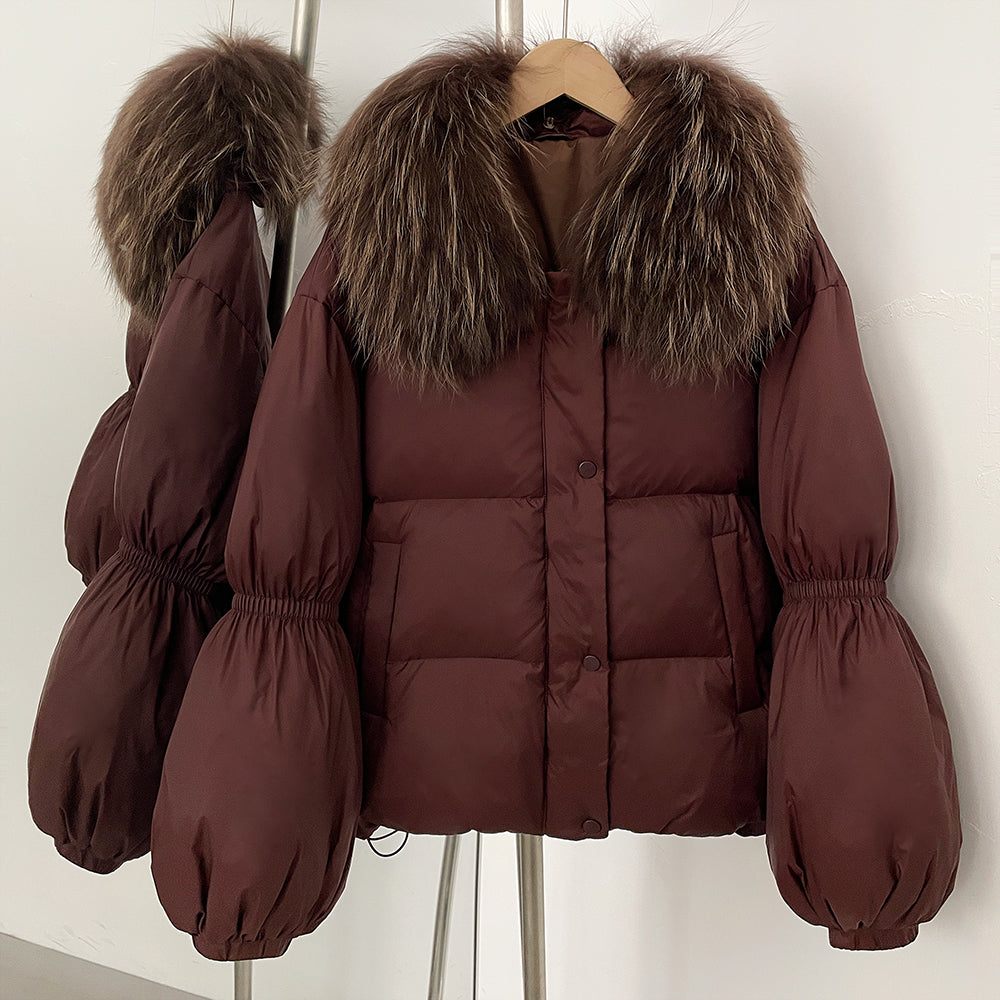 OFTBUY New Winter Loose Top Clothes Women Real Fox Fur Fluffy Puffer Jacket Female Lantern Sleeves Natural Fur Collar Down Coat