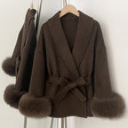 OFTBUY 100% Wool Wrap Belted Short Coat - Wide Shawl Lapel Real Fox Fur Cuff Luxury Double Sided Wool Jacket