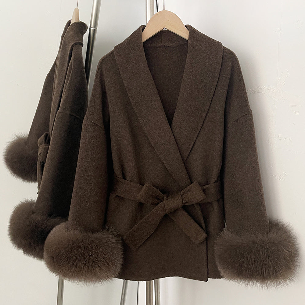 OFTBUY 100% Wool Wrap Belted Short Coat - Wide Shawl Lapel Real Fox Fur Cuff Luxury Double Sided Wool Jacket