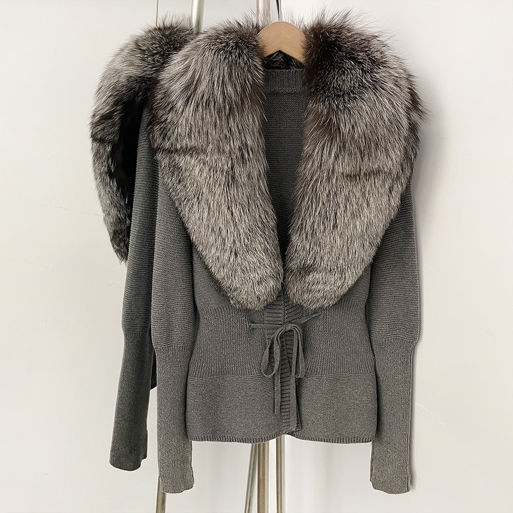 OFTBUY Luxury 100% Cotton Jacket with Real Fox Fur Collar New Autumn Winter Knit Cardigan Women Slim Warm Sweater Outerwear Lady