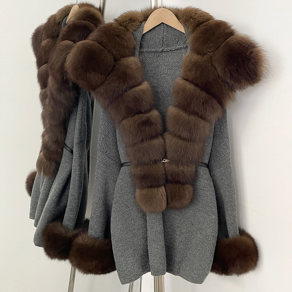 OFTBUY Belt Loose Fit Warm Winter Fashion Outerwear Natural Fur Sweater Female New Women's Knit Coat with Large Real Fox Fur