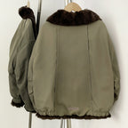 OFTBUY Reversible Real Rabbit Fur Lined Short Bomber Jacket - Oversized Wide Genuine Fox Fur Collar Windproof Outer Shell Winter Coat