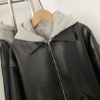 OFTBUY Detachable Hood Color Block Design New Women's Faux Leather Bomber Jacket Zipper Elastic Hem Casual Streetwear Outerwear